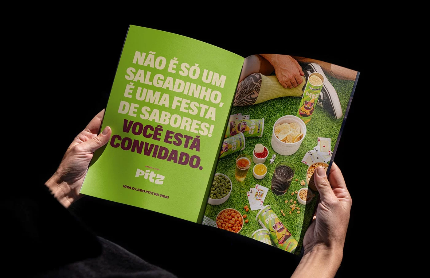 Vibrant Pitz snack packaging featuring a lively green and light color theme with engaging illustrations, capturing the essence of Brazilian energy and flavor.