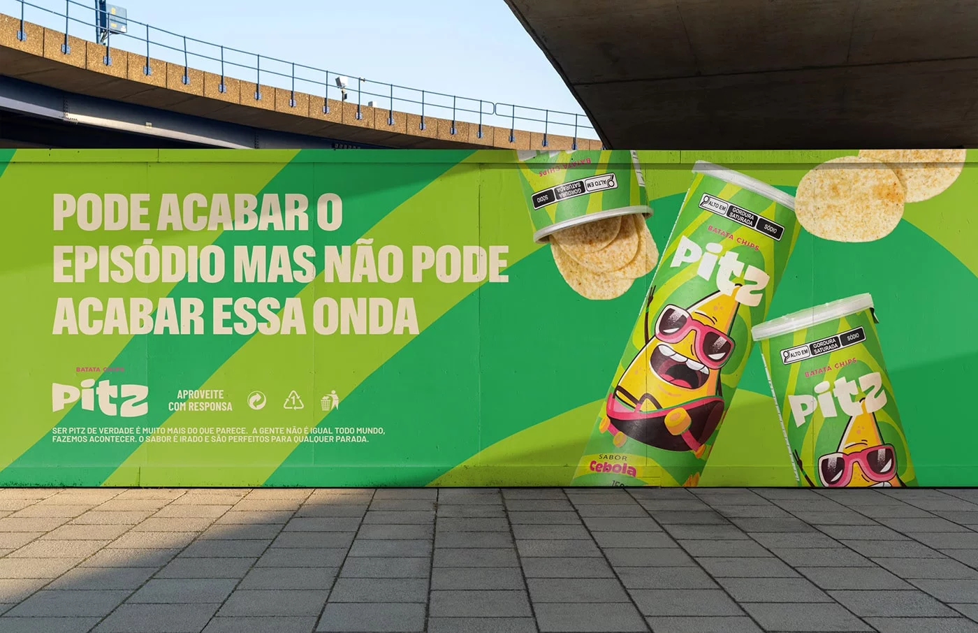 Vibrant Pitz snack packaging featuring a lively green and light color theme with engaging illustrations, capturing the essence of Brazilian energy and flavor.